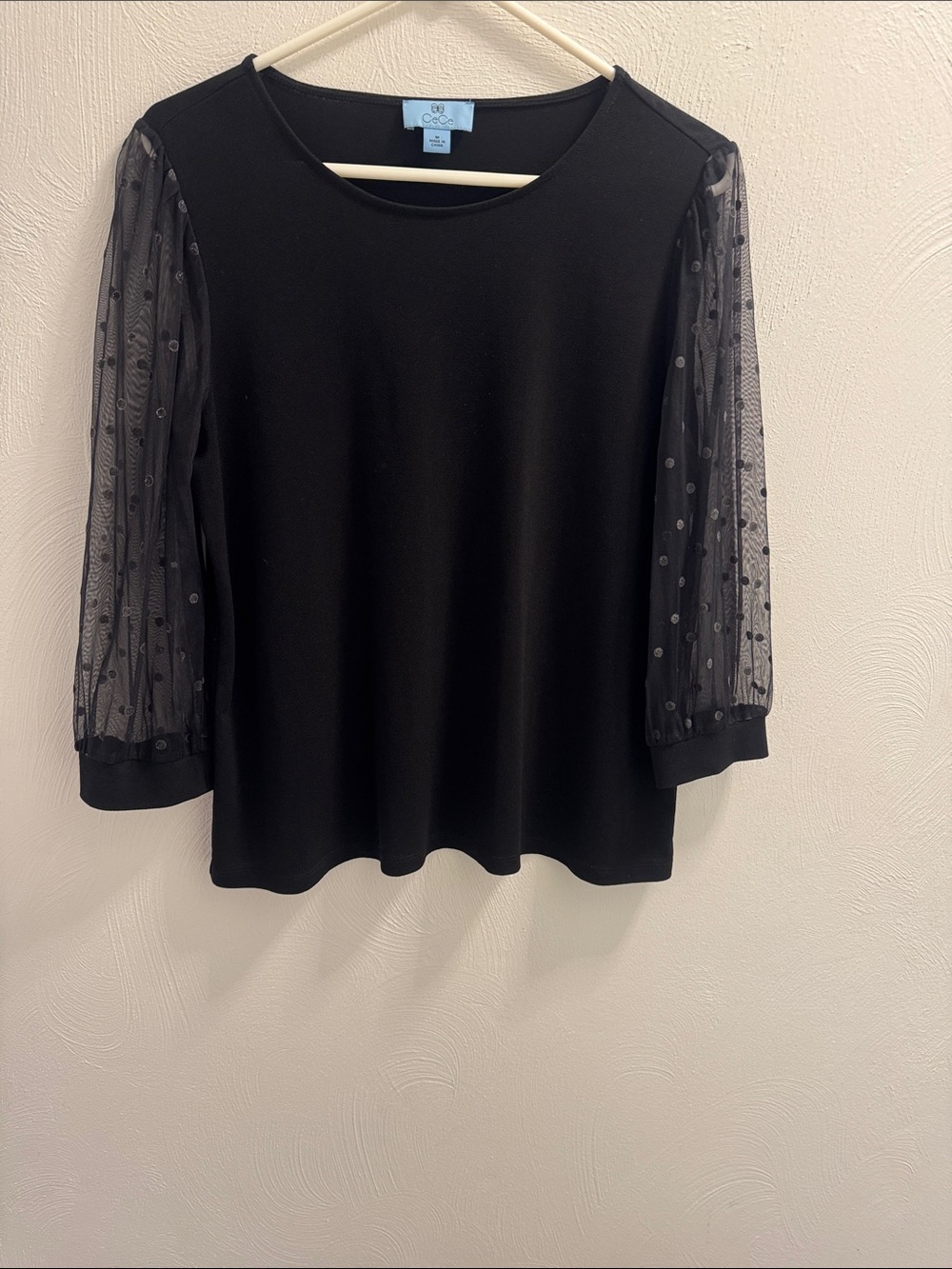 CeCe Black Knit Top with Sheer Dot 3/4 Sleeves